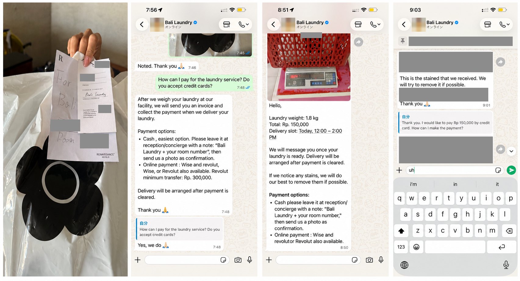 Bali Laundryとのやり取り（袋のメモ、支払い方法の案内、計量結果、決済リンク）