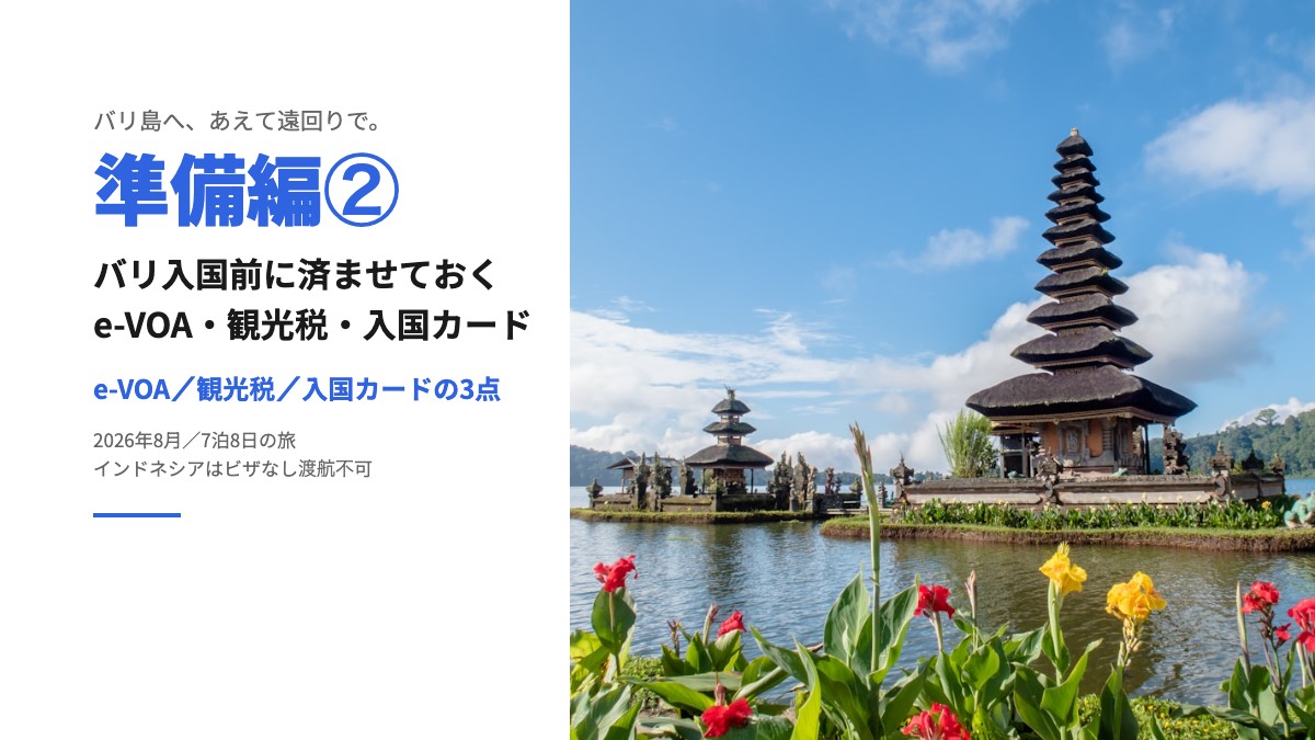 バリ島旅行「準備編②」のタイトルカード。右にバリ島の水上寺院の写真、左に「バリ入国前に済ませておくe-VOA・観光税・入国カード」の見出し