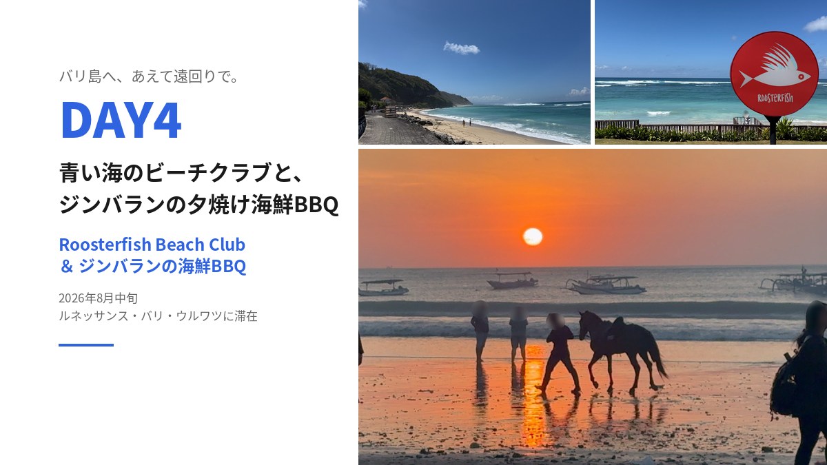バリ島へ、あえて遠回りで。DAY4のアイキャッチ。左上にパンダワ・ビーチの青い海、右上にRoosterfish Beach Clubの看板、下にジンバランの夕焼け