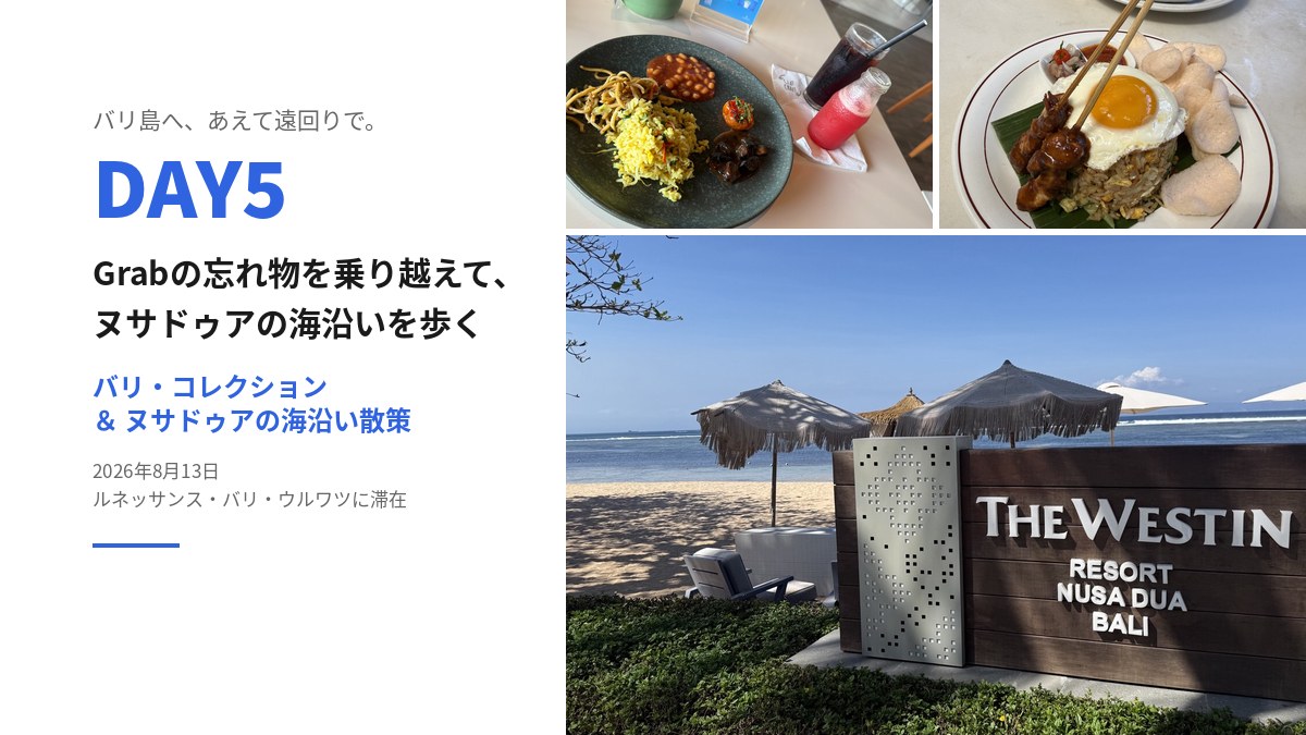 バリ島へ、あえて遠回りで。DAY5のアイキャッチ。左上にClay Craftの朝食、右上にナシゴレン、下にウェスティン ヌサドゥアの看板と海