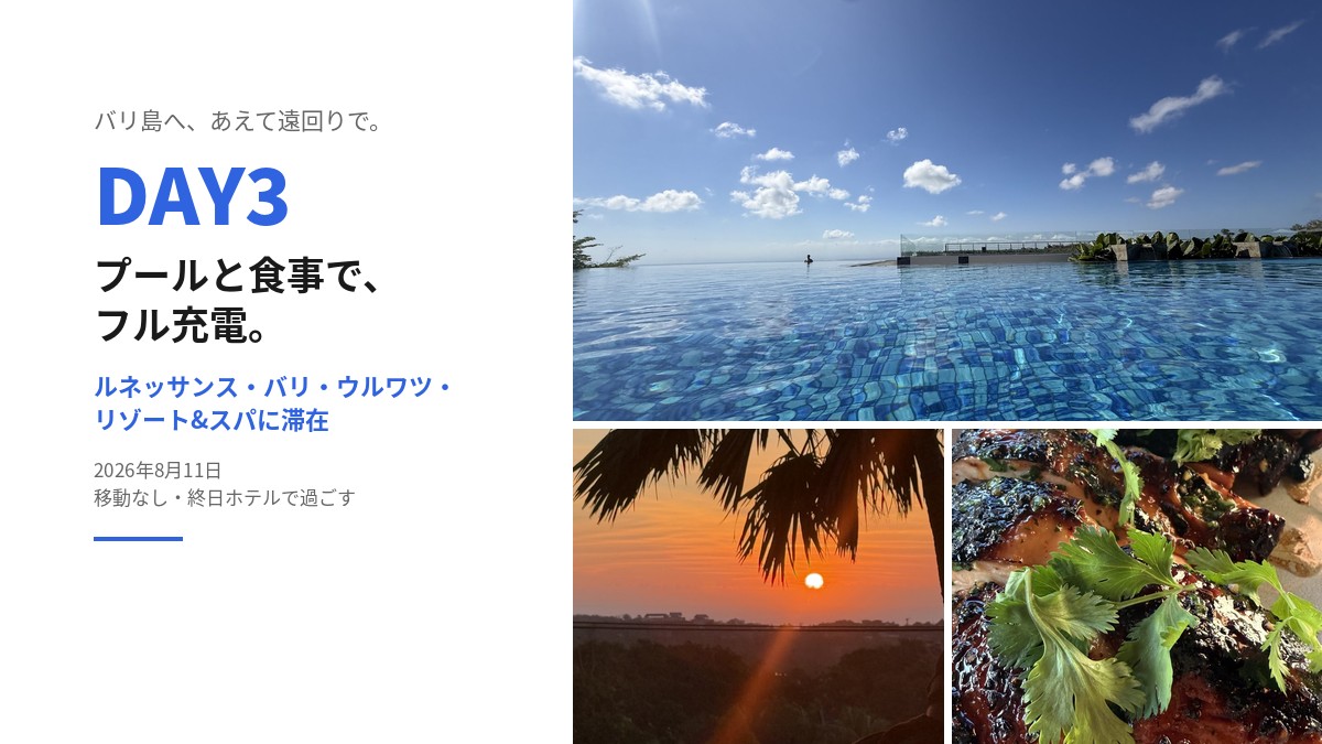 バリ島DAY3のタイトルカード。インフィニティプール、夕日、ハーフチキンの写真とともに「プールと食事で、フル充電。」の見出し